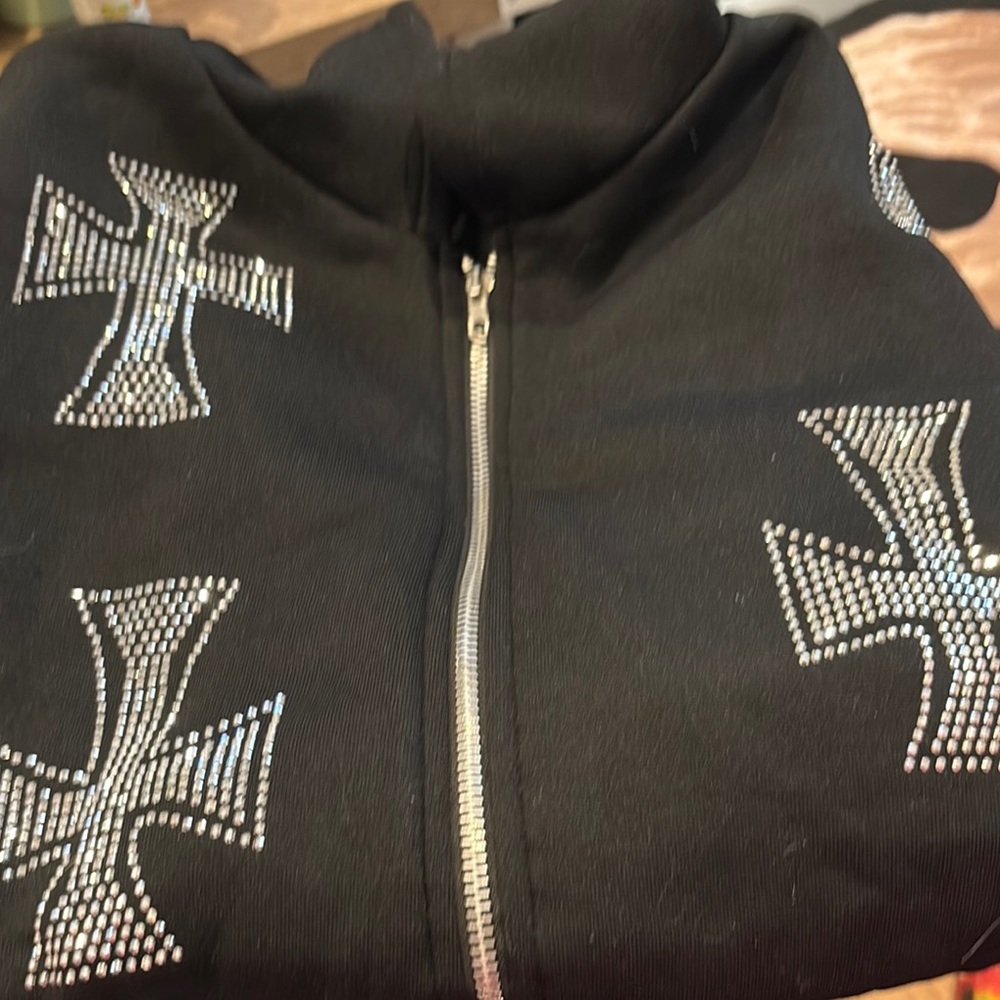 Black Bomber Jacket with Silver Zipper and Cross Embellishments